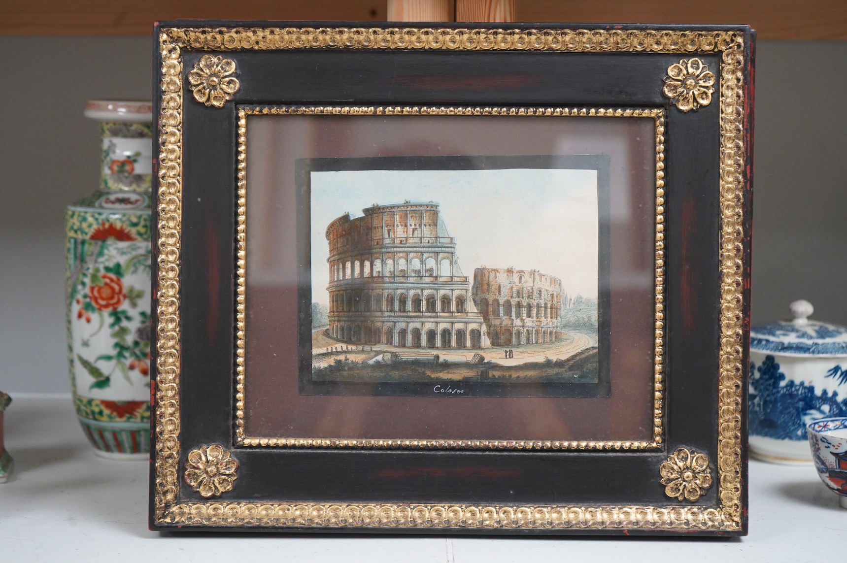 A set of five 18th / 19th century hand coloured engravings, Views of Rome, to include ‘Ponte S. Angelo’ and ‘Coloseo’, 15 x 18.5cm, each housed in ebonised gilt frames